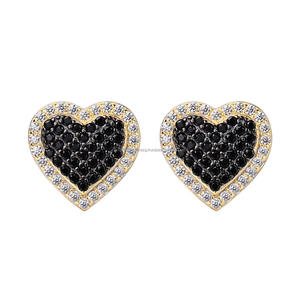 Boucles d'oreilles clous en argent sterling 925 avec moissanite et diamant, motif cœur, pierre noire au centre, bijoux dorés pour les acheteurs en gros - Product Image 1