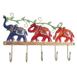 premium Handcrafted 3 <b>Elephant</b> Salute 5 Hook Iron Wall Holder High Quality Traditional Indian Craft Eco-Friendly Self-adhesive K - Product Image 1
