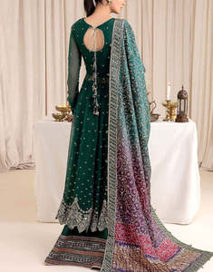Robe Anarkali brodée vert émeraude, longue, traditionnelle indienne et pakistanaise, pour mariage, tenue de soirée formelle pour femmes - Product Image 4
