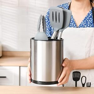 <b>Stainless</b> <b>Steel</b> Cylindrical <b>Utensil</b> Holder With Black Base For <b>Kitchen</b> Tableware Storage Modern Design Rust - Product Image 4