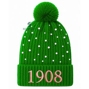 Alpha |   Kapa |   Bonnet en tricot acrylique pour femme Alpha, brodé de perles, orné d'un pompon, bord côtelé, bonnet d'hiver décontracté - Product Image 1