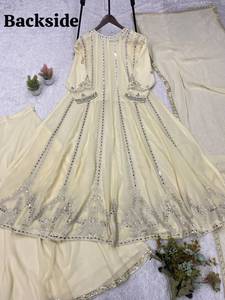 Cream Embroidered Anarkali Evening <b>Dress</b> Long Sleeve Maxi Party Wear Women - Product Image 6