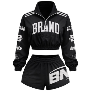 Conjunto Deportivo de Dos Piezas para Mujer, Chaqueta Corta de Manga Larga y Pantalones Cortos con Estampado de Letras, Cuello Alto, Transpirable, de Poliéster, para Primavera - Product Image 3