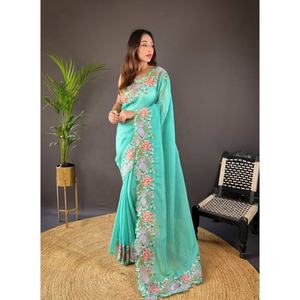 Sari Evergreen Georgate Pur de Haute Qualité, 5 mètres, avec Broderie de Sequins Intégrale, Magnifique Bordure Contrastante, Blouse en Soie Banglori pour Soirée - Product Image 4