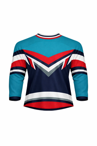 Jersey de Hockey sobre Hielo para Hombre, Color Verde Azulado, Azul Marino y Rojo a Rayas, Manga Tres Cuartos, Cuello Redondo, Absorbe la Humedad, Sublimado - Product Image 3