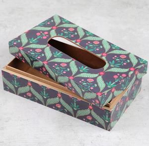 Boîte à mouchoirs rectangulaire en bois imprimé motif floral, couleur bleue avec fleurs roses et violettes, pratique pour la décoration de la maison et du bureau - Product Image 6
