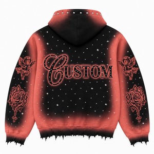 Custom <b>Pink</b> And Black Zip Up Hoodie With Rhinestone Angel Print And Raw Frayed Hem Design For Unisex Wear - Product Image 6