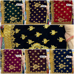 Sari en velours avec chemisier en soie Malai, bordure richement brodée, tenue de fête traditionnelle pour femmes, sari de mariage - Product Image 5