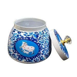 Wholesale Handpainted Metal Jar Decorative <b>Storage</b> Canister <b>Container</b> Crystal Knob Lid Indian Handicrafts - Product Image 1