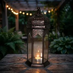 Lanterne marocaine en métal et verre, porte-bougie vintage perforé fait main, décoration islamique antique, élégante pour table, jardin et maison - Product Image 4