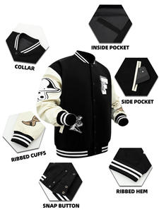 Blouson universitaire unisexe noir en laine avec logo de baseball brodé sur les manches, col montant, coupe classique, pour l'hiver et les tenues décontractées - Product Image 2
