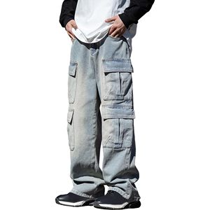 Jeans en denim oversize pour hommes, style streetwear urbain, coupe ample et large, effet usé, délavage acide, MOQ flexible disponible - Product Image 1