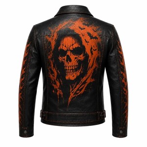 Men's PU <b>Leather</b> Slim Motorcycle <b>Jacket</b> Halloween Pumpkin Skull Print Front <b>Long</b> Sleeve Dripping Printed Polyester Wadding - Product Image 2