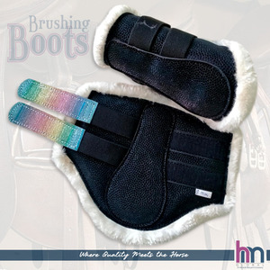 Bottes de brossage pour chevaux, noires, en similicuir texturé, tissu pailleté, fermeture Velcro, fausse fourrure, rembourrage doux, légères, de luxe - Product Image 6