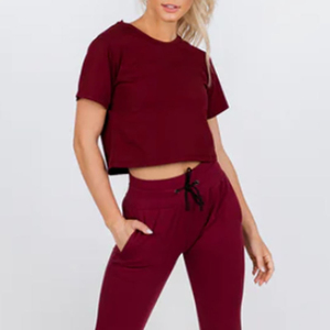 Women's <b>Maroon</b> T-Shirt Short Sleeve O-Neck Solid Knitted Breathable Casual <b>Top</b> Spring Summer Slim Fit With Pockets - Product Image 2