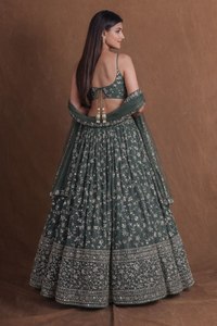 <b>Green</b> Floral Embroidered Lehenga Choli Sequin Zari Dupatta Wedding Party Dress for Women - Product Image 2