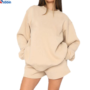 Customizable Women's Solid 2-Piece Sweatshirt & Shorts <b>Set</b> Full Sleeve Crew Neck Loose Fit Casual All Seasons <b>Knitted</b> Cotton - Product Image 5