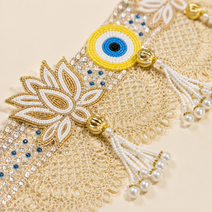 Décoration de porte artisanale Lotus Evil Eye Bandhanwar Toran avec pompon de perles et dentelle dorée pour mariage et fêtes, décoration de la maison - Product Image 3