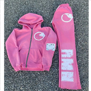 Ensemble de survêtement rose et noir à capuche pour homme, grande taille, 100 % coton, avec lettrage en strass, sweat-shirt à fermeture éclair intégrale et pantalon, style décontracté printemps - Product Image 4