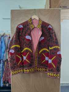 Handcrafted Green Velvet Suzani <b>Quilted</b> <b>Jacket</b> with Teal Embroidery Bold Floral <b>Patterns</b> Cotton Lining Eco-Friendly & Breathable - Product Image 5