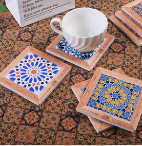 Set of 4 hanging <b>wood</b> <b>trivets</b> with vintage tile patterns. Available at wholesale prices. - Product Image 2