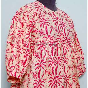 Vestido informal de verano vintage para mujer, de algodón puro, con estampado de palmeras, manga abullonada, cuello en V, estilo túnica natural. - Product Image 5