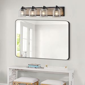 32\" Farmhouse 4-Light Bathroom Vanity Fixture Clear Seeded Glass Shades with Black Wood Grain Finish <b>Wall</b> <b>Sconce</b> Design - Product Image 3