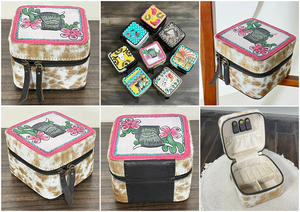 Boîte à bijoux artisanale en cuir de vachette à poils, sculptée à la main, motif western peint à la main, étui de rangement en cuir véritable avec fermeture éclair, cadeau - Product Image 2