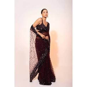Sari de noche de diseñador con secuencia e hilo de trabajo para fiestas y ocasiones especiales - Product Image 6