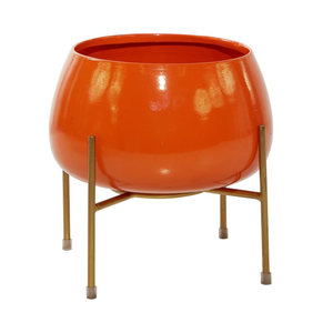 Pot de fleurs décoratif rond en métal orange brillant avec support doré, support de plante surélevé moderne pour jardin intérieur et extérieur - Product Image 1