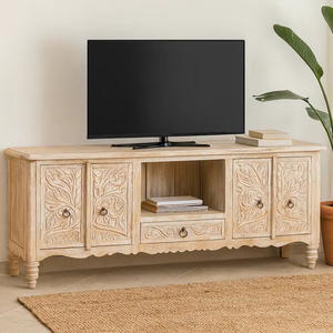 Mueble de TV de Madera Maciza Convertible y Extensible de Lujo, Estilo Moderno Rústico para Sala de Estar o Dormitorio con Tallados - Product Image 1