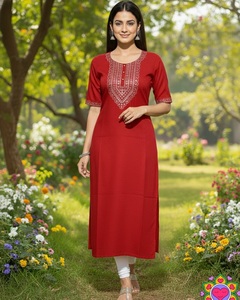 Kurti de algodón rojo para mujer con cuello bordado, longitud midi, estilo tradicional indio-pakistaní, ropa informal, corte regular. - Product Image 1