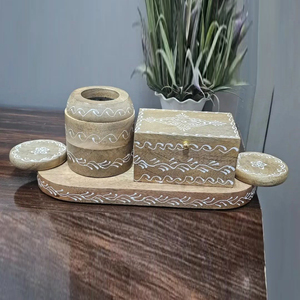 Boho Style Wooden <b>Incense</b> Burner Set On Oval Tray With Hand Painted White Wave Motifs Round Holders And Hinged Storage <b>Box</b> - Product Image 3
