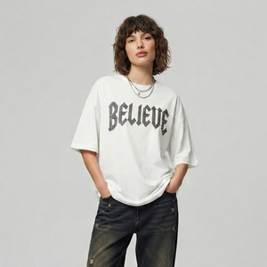 T-shirt ample à manches courtes pour femme avec strass, 100 % coton, coupe oversize épaisse et épaules tombantes, style streetwear - Product Image 1