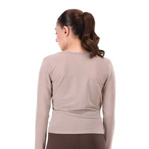 Haut en maille taupe à manches longues pour femme, avec manches transparentes, coupe ajustée, col croisé, style décontracté et basique - Product Image 6