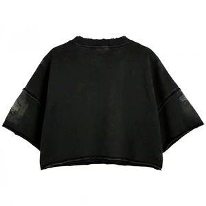 T-shirt court noir à strass, manches larges déchirées, col rond, lettres personnalisées, tee-shirt femme streetwear - Product Image 4