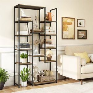 Freestanding 12-<b>Shelf</b> Geometric <b>Walnut</b> Bookcase Anti-Tip Kit Included with Metal Frame - Product Image 2