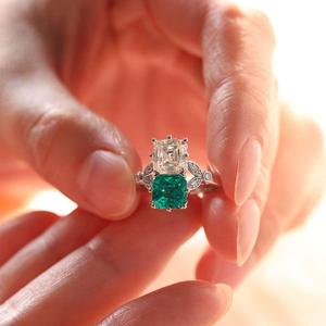 Premium 2ct Two-<b>Stone</b> Emerald Cut Lab Grown Diamond and Emerald Ring with Floral Accent 14K Solid Gold IGI Certified - Product Image 3