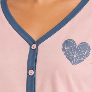 Ensemble pyjama court à manches longues pour femme, rose et bleu, avec broderie cœur, en coton doux tricoté, pantalon large, personnalisable OEM - Product Image 5
