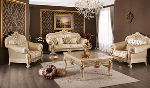 Juego de Sofás de Madera de Teca Tallada a Mano Estilo Italiano, Sofá Lujoso con Tallados Elaborados y Mesa de Centro, Juego de Sala de Estar para 7 Personas - Product Image 6