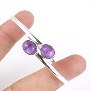 Wholesale Handmade 925 Sterling Silver Plated Natural Amethyst Gemstone Two <b>Stone</b> Oval Cabochon Bypass Bangle <b>Bracelet</b> Elegant - Product Image 6