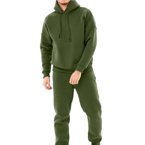 Ensemble de survêtement unisexe 2 pièces en molleton 100 % coton léger et respirant, coupe ample, taille élastique, avec sweat à capuche et pantalon de jogging, couleur unie - Product Image 1