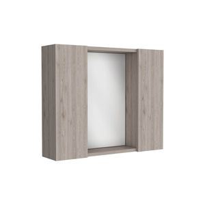 Armadietto a Specchio a Doppia Anta con Finitura Grigio Chiaro, con Scaffale Esterno e Illuminazione, Arredo Bagno - Product Image 2