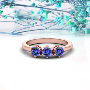Anillo de compromiso y boda de oro rosa fino de 14k con tres piedras de tanzanita natural de corte redondo de 4mm, productos de moda, venta al por mayor - Product Image 1