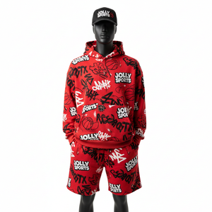 Ensemble sweat-shirt et short pour homme, haute qualité, tissu polaire 280 GSM, rouge, blanc, noir, imprimé sur toute la surface, logo personnalisé. - Product Image 1