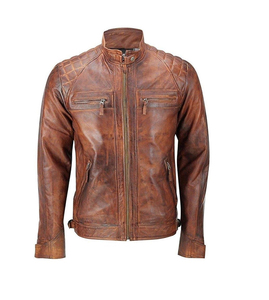 Veste moto en cuir véritable marron pour homme, col montant, fermeture éclair, coupe classique, pour l'automne - Product Image 1