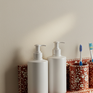 Handcrafted Floral Bone Inlay Bathroom Organizer Set <b>Wall</b>-Mounted Vanity Shelf with Soap Dispensers and <b>Toothbrush</b> <b>Holders</b> - Product Image 3