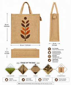 Natural Jute Tote <b>Bag</b> with Leaf Print Eco Friendly <b>Reusable</b> Shopping Office and Daily Use Carry <b>Bag</b> Open Closure - Product Image 3