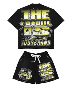 Conjunto de Camiseta y Pantalones Cortos para Hombre, Estilo Vintage, con Logotipo Personalizado, Estampado Puff, Lavado Ácido, Pedrería y Efecto Desgastado por el Sol - Product Image 6