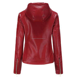 Élégant rouge élégant à capuche Moto veste en cuir pour les femmes polyvalent Sherpa doublure fermeture à glissière longue Durable confort fini - Product Image 2